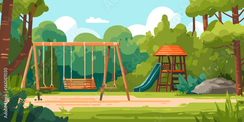 Illustrated wooden playground equipment with a swing set and a play tower with a blue slide.