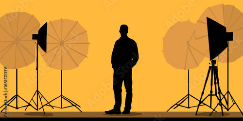 Graphic illustration of a man's silhouette posing in a photo studio with professional lighting equipment.