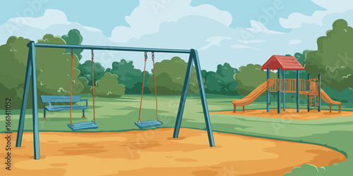 Colorful cartoon illustration of an empty children's playground with a blue swing set and a slide structure in a park.