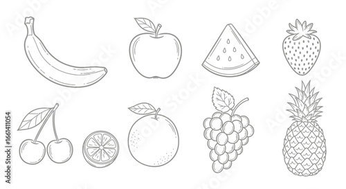 Outlined illustrations of various fruits, including banana, apple, watermelon, strawberry, cherries, orange, grapes, and pineapple.