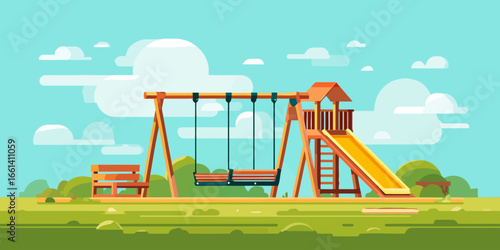 Colorful wooden children's playground with a swing set and yellow slide, depicted in a flat vector illustration style.