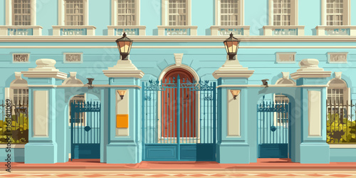 Stylized illustration of an elegant light blue building facade with ornate iron gates, a grand entrance, and classic lanterns.