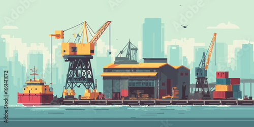 A stylized illustration of a bustling industrial harbor with large yellow cranes, a cargo ship, and shipping containers.