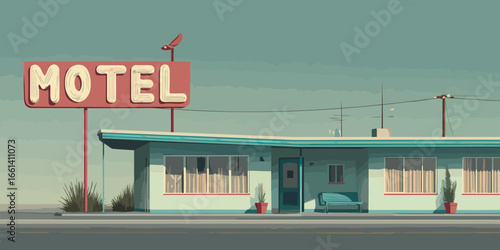 Illustrated retro roadside motel with a large red sign and teal trim.