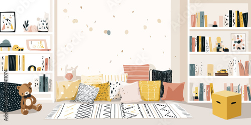 A charming illustrated children's room with bookshelves, colorful pillows, and a teddy bear.