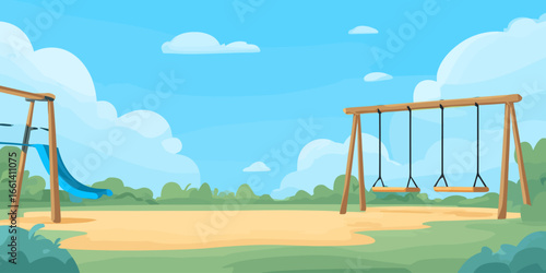 Vector illustration of a kids' playground with a wooden swing set and a blue slide under a cloudy sky.