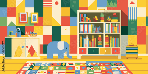 Vibrant children's playroom illustration with geometric patterns, colorful furniture, and toys.