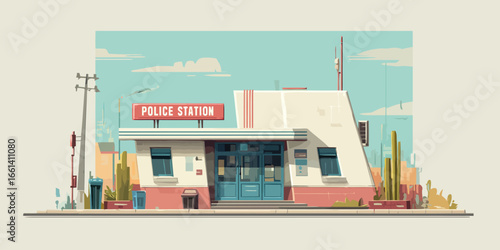 Vintage-style police station building with mid-century modern architecture and a prominent red sign.