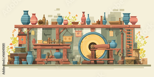 Artisan pottery workshop with a potter's wheel, wooden shelves, and handmade clay vases.