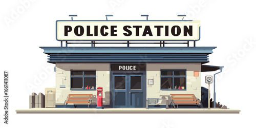 Stylized illustration of a small police station building with a large rooftop sign and blue details.