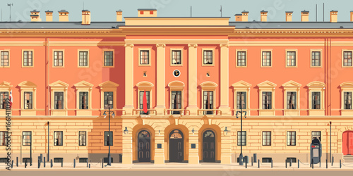 Elegant orange neoclassical building facade with grand columns, arched doorways, and ornate windows.