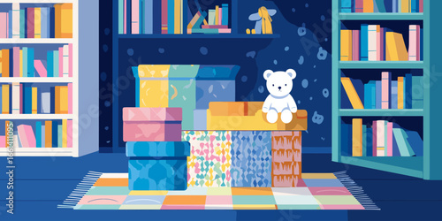 Illustrated children's room at night with a white teddy bear on colorful boxes