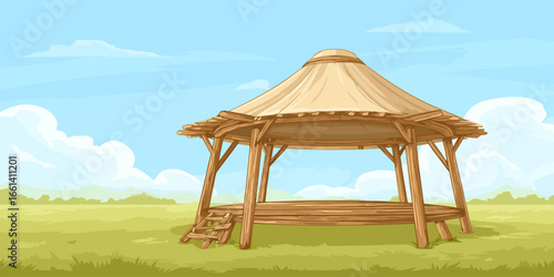 Illustrated rustic wooden gazebo with a conical canvas roof and a raised platform.