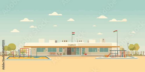 Modern flat design of a kindergarten building with a colorful playground and Hungarian flag.