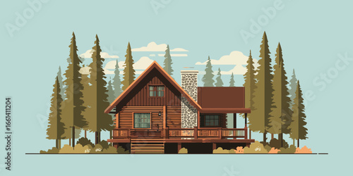 Illustrated rustic wooden log cabin with a stone chimney and porch, nestled in a pine forest.