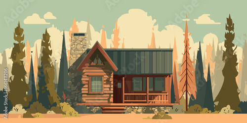 Rustic log cabin with a stone chimney and dark metal roof in a stylized forest illustration.