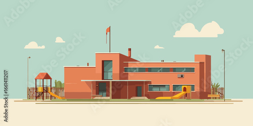 Terracotta colored school building with a playground in a minimalist flat design style.