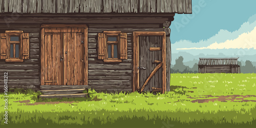 A rustic, weathered log cabin with traditional wooden doors and window shutters.