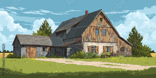 A rustic, weathered farmhouse with wooden siding, a steep roof, and an attached shed.