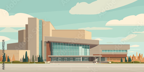 Stylized flat vector illustration of a modern public building with a large glass facade.