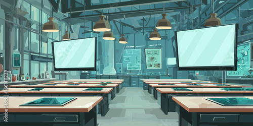 A modern, high-tech science laboratory classroom interior with rows of desks, hanging monitors, and industrial pendant lighting, depicted in a stylized vector a