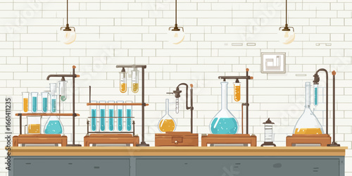 Illustrated vintage chemistry laboratory setup with colorful liquids in glass flasks and test tubes.