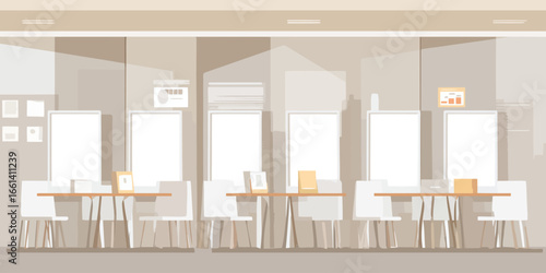 Modern minimalist cafe interior with wooden tables and white chairs in a neutral color palette.