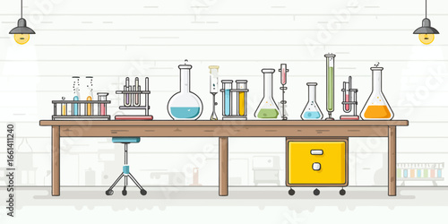 Vibrant science laboratory workbench with colorful chemical flasks and test tubes in a flat line art style.