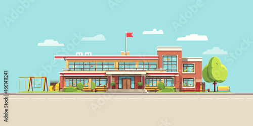 Colorful modern school building with a playground and red flag, flat vector illustration style.