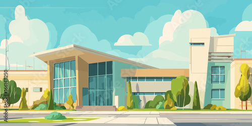 Stylized illustration of a modern public building with a geometric facade and large glass windows.