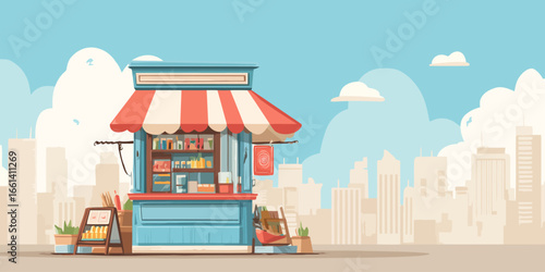 Charming illustrated street kiosk with a red and white striped awning and blue wooden counter.