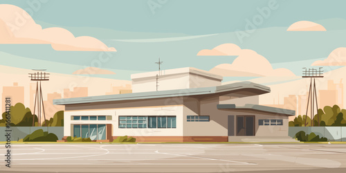 Illustrated modern sports building with a flat roof, large windows, and minimalist design.