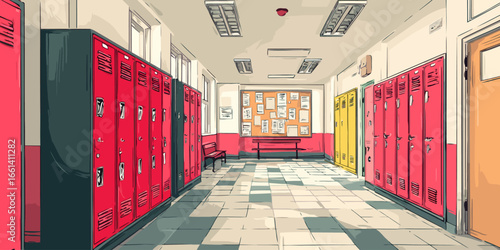 Anime-style illustration of an empty school hallway with rows of red lockers.