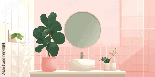 Illustrated modern bathroom vanity with pink tiles, round mirror, and green potted plants.