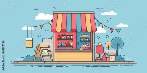 Colorful market stall illustration with a striped awning and festive bunting flags.