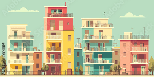 A vibrant cityscape illustration featuring a row of colorful, multi-story apartment buildings with balconies in a flat, minimalist art style.