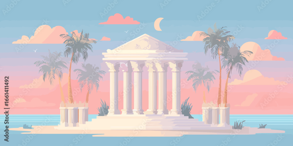 Obraz premium A majestic white classical temple with ornate columns and pediment, flanked by palm trees.