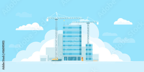 Modern glass skyscraper under construction with two large tower cranes, a flat vector illustration.