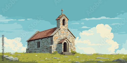 Illustrated old stone church with a red tiled roof and a bell tower with a cross.