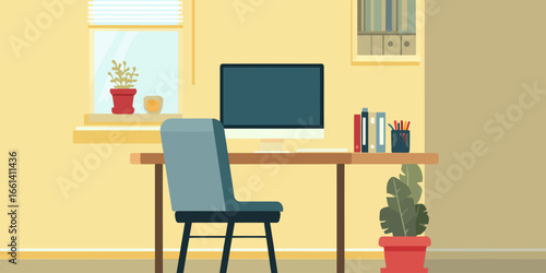 Cozy home office workspace illustration with a computer, chair, and plants.