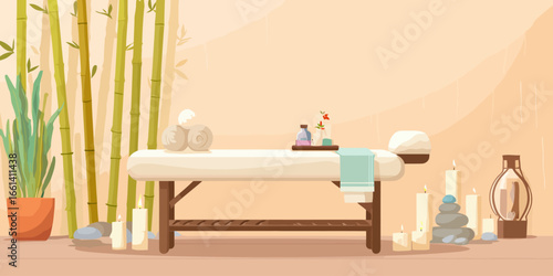 Calm Spa Interior with Massage Bed, Bamboo Plants, and Aromatherapy Candles.