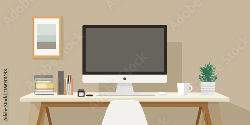 Flat design illustration of a modern home office workspace with a computer, books, and a potted plant on a wooden desk.