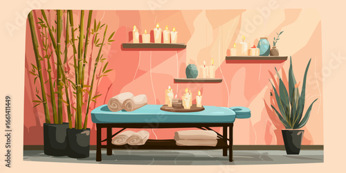 Calm massage therapy room with a blue table, bamboo plants, and warm candlelight.