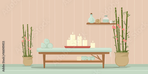 A tranquil spa setting with a massage table, lit candles, rolled towels, potted bamboo, and aromatherapy oils.