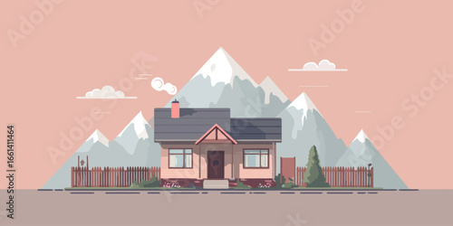 Flat vector illustration of a cozy pink house with a smoking chimney set against snowy mountains.