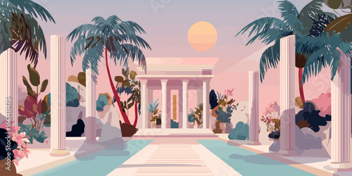 Serene classical villa with a reflecting pool, surrounded by lush tropical palm trees.