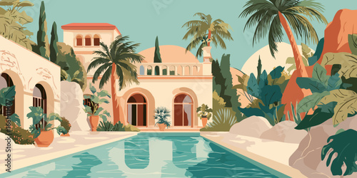 Elegant Mediterranean villa with a serene swimming pool surrounded by lush tropical palm trees and plants.