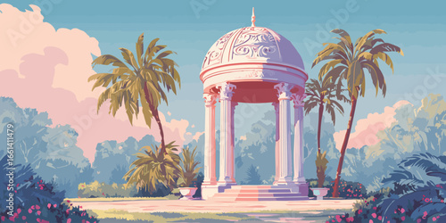 Elegant classical gazebo with an ornate carved dome and fluted columns in a serene tropical garden.