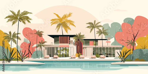 Stylized illustration of a luxurious modern house with a swimming pool, palm trees, and lush tropical foliage.