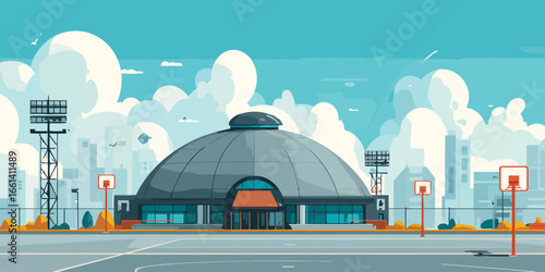 Urban sports complex featuring a domed arena and an outdoor basketball court.